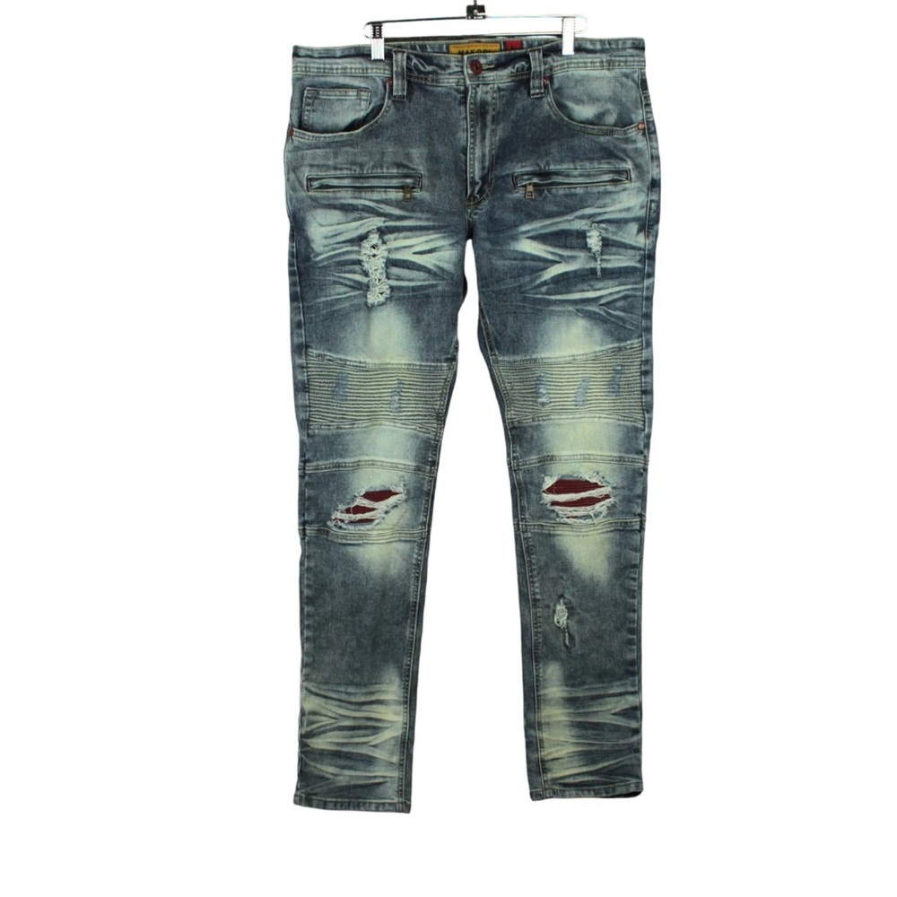 MAKOBI M1962 Ripped Slim Straight Distressed Biker Jeans Mens W36xL32 Blue Y2K